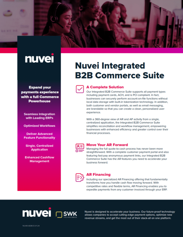 Cover of the Nuvei Integrated B2B Commerce Suite one-pager, co-branded with SWK Technologies, showing three feature sections — A Complete Solution, Move Your AR Forward, and AR Financing — against a dark sidebar with the Nuvei logo.