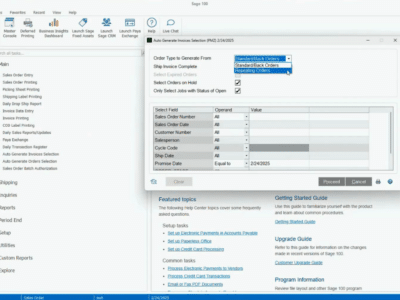 Sage 100 Auto Generate Invoices Selection screen showing the Order Type dropdown expanded with "Standard/Back Orders" and "Repeating Orders" options, selection criteria fields including Sales Order Number, Sales Order Date, Customer Number, Salesperson, Cycle Code, Ship Date, and Promise Date set to 2/24/2025, and checkboxes for Ship Invoice Complete, Select Orders on Hold, and Only Select Jobs with Status of Open.