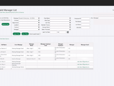 Sage HRMS HR Analytics Invalid Manager List report filtered to Dunedin Enterprises US, displaying seven records with error messages including Missing Manager Email, Inactive Manager, and Missing Manager across employees Barnes, Cullen, Farber, Mars, and Stewart.
