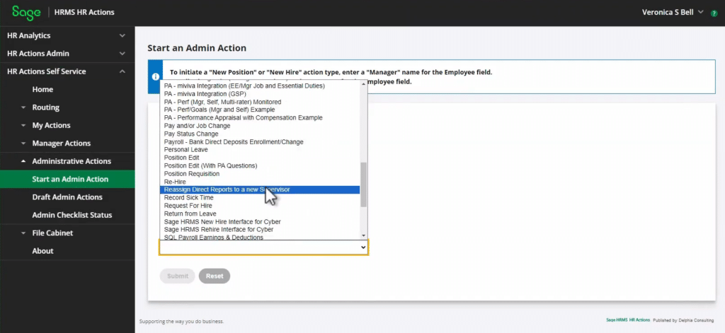Sage HRMS HR Actions self-service interface showing the Start an Admin Action screen with a dropdown list of available action types; "Reassign Direct Reports to a new Supervisor" is highlighted in blue.