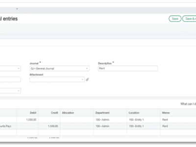 Sage Intacct recurring journal entries Transaction tab showing a new entry form with Book set to Accrual, Journal set to GJ–General Journal, Description set to Rent, Reference number 1, and two entry lines: a $1,500 debit to account 60300–Rent and a $1,500 credit to account 20100–Accounts Payable, both assigned to Department 100–Admin and Location 100–Entity 1.