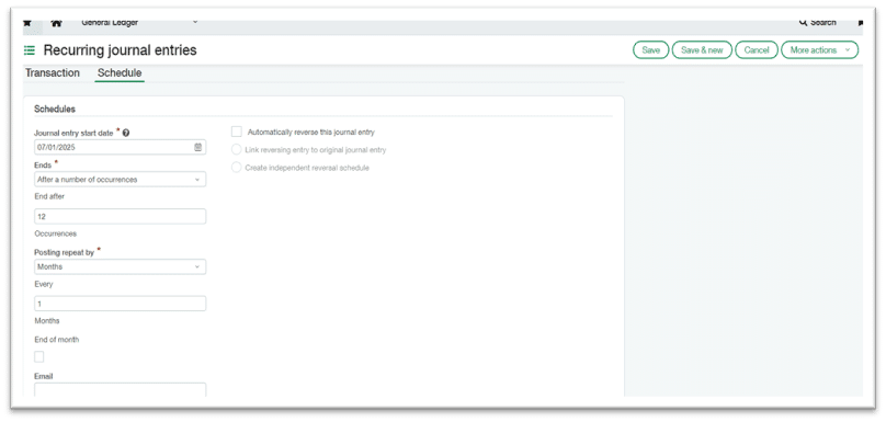 Sage Intacct recurring journal entries Schedule tab showing configuration fields including Journal entry start date set to 07/01/2025, Ends set to "After a number of occurrences" with 12 occurrences, Posting repeat by set to Months with an interval of 1, and unchecked options for automatically reversing the journal entry with linked or independent reversal schedules.