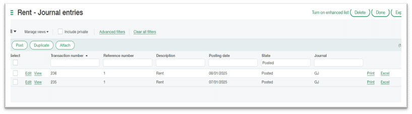 Sage Intacct journal entries list view for a recurring entry titled "Rent," showing two posted General Journal transactions — transaction 236 dated 08/01/2025 and transaction 235 dated 07/01/2025 — with options to Edit, View, Print, and Export each entry.