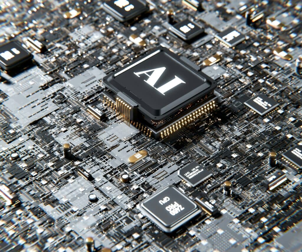 Close-up 3D render of a circuit board with a black processor chip labeled "AI" in white text at center, surrounded by gold pins, smaller chips, capacitors, and densely packed circuit traces in silver and dark gray tones. A second chip in the lower portion is labeled "Z490 PRO GPU."