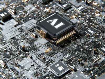Close-up 3D render of a circuit board with a black processor chip labeled "AI" in white text at center, surrounded by gold pins, smaller chips, capacitors, and densely packed circuit traces in silver and dark gray tones. A second chip in the lower portion is labeled "Z490 PRO GPU."