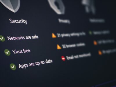 Security dashboard on a dark-themed display showing green checkmarks for "Networks are safe," "Virus free" and "Apps are up-to-date" alongside yellow warning and red alert indicators for privacy and email monitoring items.