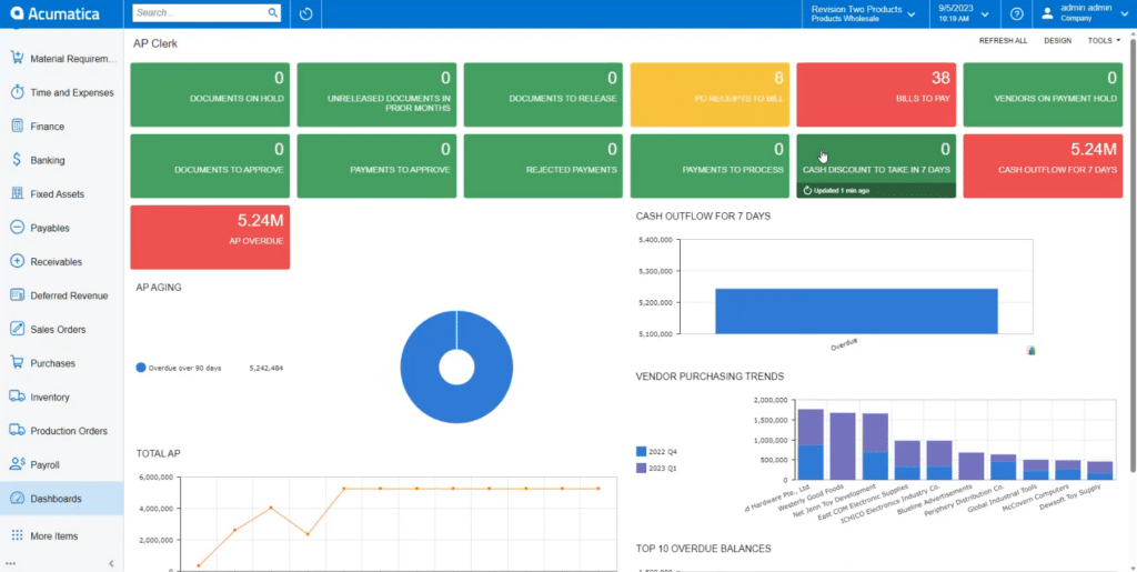 Acumatica AP Clerk dashboard showing KPI tiles for documents on hold, unreleased documents in prior months, documents to release, PO receipts to bill, bills to pay, vendors on payment hold, payments to process, cash discount to take in 7 days, cash outflow for 7 days, and AP overdue at 5.24M, with an AP aging donut chart, cash outflow bar chart, total AP line chart, and vendor purchasing trends bar chart comparing 2022 Q4 to 2023 Q1.