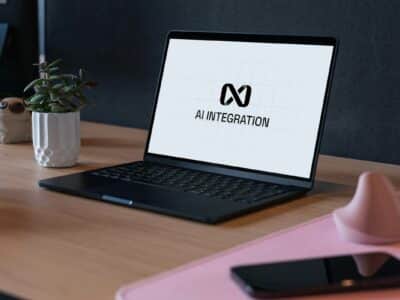 Laptop on a wood desk displaying a black-and-white screen with a stylized infinity-loop icon above the text "AI Integration," with a small succulent plant and ceramic animal figurine to the left and a smartphone and pink accessory holder in the foreground.