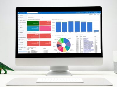 Desktop monitor displaying Acumatica Customer View dashboard with KPI tiles for sales opportunities, accounts receivable, and support, a sales order trend bar chart by month, and a top 10 sold items donut chart, with a small green dinosaur figurine and white external hard drive flanking the monitor on a desk.
