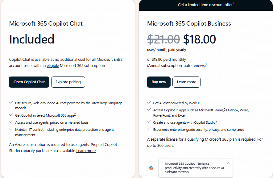 Two side-by-side pricing cards from Microsoft. The left card lists Microsoft 365 Copilot Chat as included at no additional cost for Microsoft Entra account users with an eligible Microsoft 365 subscription, with buttons labeled "Open Copilot Chat" and "Explore pricing." The right card lists Microsoft 365 Copilot Business with a struck-through $21.00 price next to $18.00 per user per month paid yearly, or $18.90 paid monthly on an annual subscription, with buttons labeled "Buy now" and "Learn more" and a banner reading "Get a limited time discount offer."