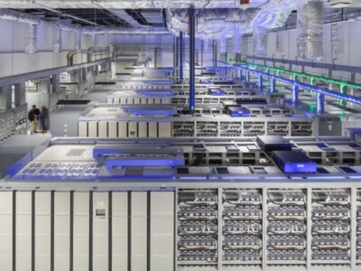 Data center server racks representing construction budget changes and infrastructure planning