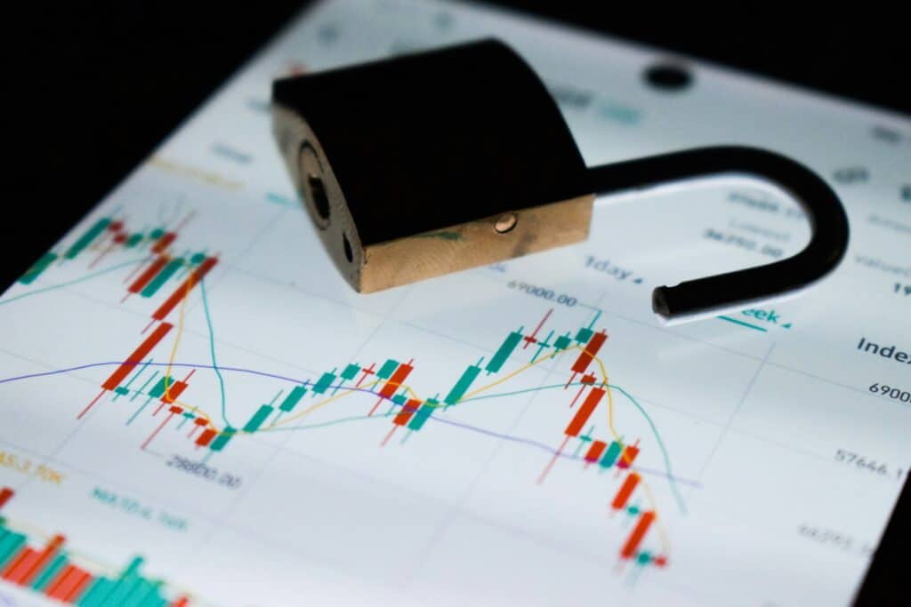 Open brass and black padlock resting on a screen displaying multicolored candlestick charts, line graphs and bar charts with numerical values.
