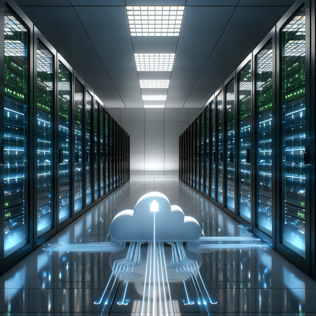 Data center aisle of server racks with a cloud icon representing hosted Azure IT infrastructure