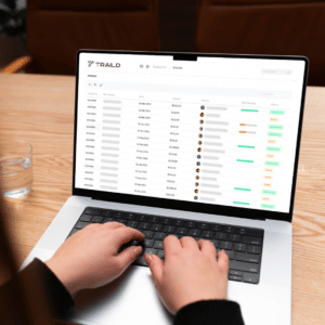 Over-the-shoulder view of a person in a dark sweater typing on a laptop displaying the Traild invoice dashboard, with columns for invoice number, ERP supplier, date, amount, assignee, risk warning indicators in green and orange, and approval status tags showing "Approved" and "Draft" labels, on a wooden desk beside a glass of water.