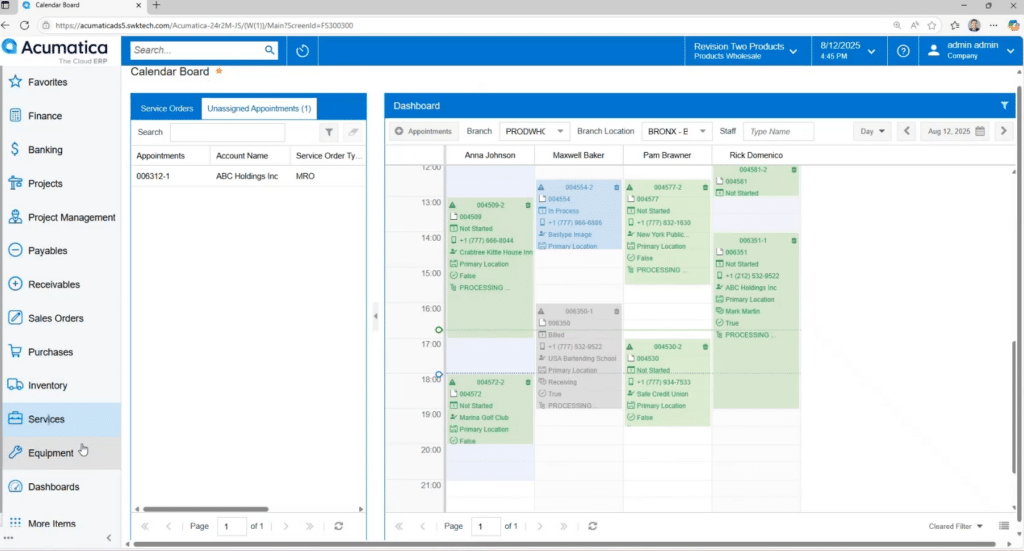 Acumatica Calendar Board screen dated August 12, 2025 showing four technician columns — Anna Johnson, Maxwell Baker, Pam Brawner, and Rick Domenico — with green appointment blocks scheduled between 12:00 and 21:00. The left-hand Unassigned Appointments panel lists one entry for ABC Holdings Inc, appointment 006312-1, with MRO service order type. Filters show Branch PRODWHOLE and Branch Location BRONX, with the view set to Day.