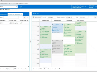 Acumatica Calendar Board screen dated August 12, 2025 showing four technician columns — Anna Johnson, Maxwell Baker, Pam Brawner, and Rick Domenico — with green appointment blocks scheduled between 12:00 and 21:00. The left-hand Unassigned Appointments panel lists one entry for ABC Holdings Inc, appointment 006312-1, with MRO service order type. Filters show Branch PRODWHOLE and Branch Location BRONX, with the view set to Day.