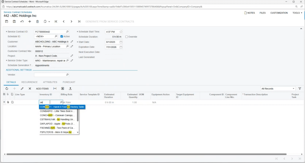 Acumatica Service Contract Schedules form for contract FCT00000442 — ABC Holdings Inc with the Details tab open and the Schedule marked Active. Header fields show Schedule Start Time 4:37 PM, Start Date 8/1/2025, Expiration Date 7/31/2026, Service Order Type MRO — Maintenance, repair, Schedule Generation Type Appointments. An Inventory ID lookup is open on the first line, filtered by the search term "air" and returning items including CONAIR1 — Harvil 4 Foot Air Hockey Table, CONCHAIR1 — Caravan Canopy, CSTRAHU14K — Air Handling Unit, DAPLAPOD — Apple AirPods, FSCNNEDAIR — Two Pack of Ca..., and FSFILTER18 — Merv 8 Hepa Air filter.