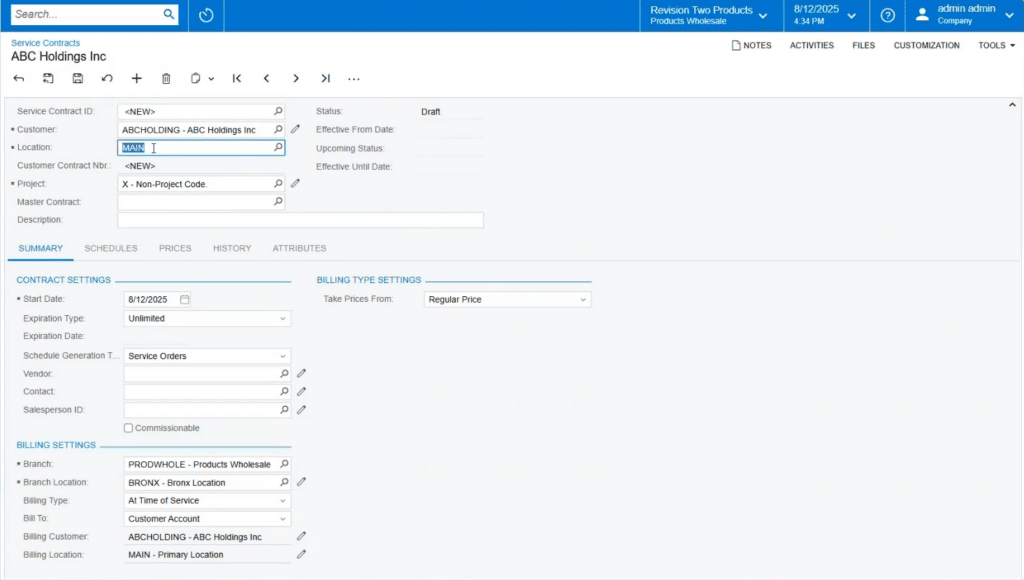 Acumatica Service Contracts form creating a new record for ABC Holdings Inc in Draft status with the Summary tab open. Contract Settings section shows Start Date 8/12/2025, Expiration Type Unlimited, Schedule Generation Type Service Orders. Billing Settings section shows Branch PRODWHOLE — Products Wholesale, Branch Location BRONX — Bronx Location, Billing Type At Time of Service, Bill To Customer Account, Billing Customer ABC Holdings Inc, Billing Location MAIN — Primary Location.