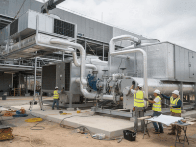 MEP contractors installing large HVAC cooling equipment and piping outside a data center