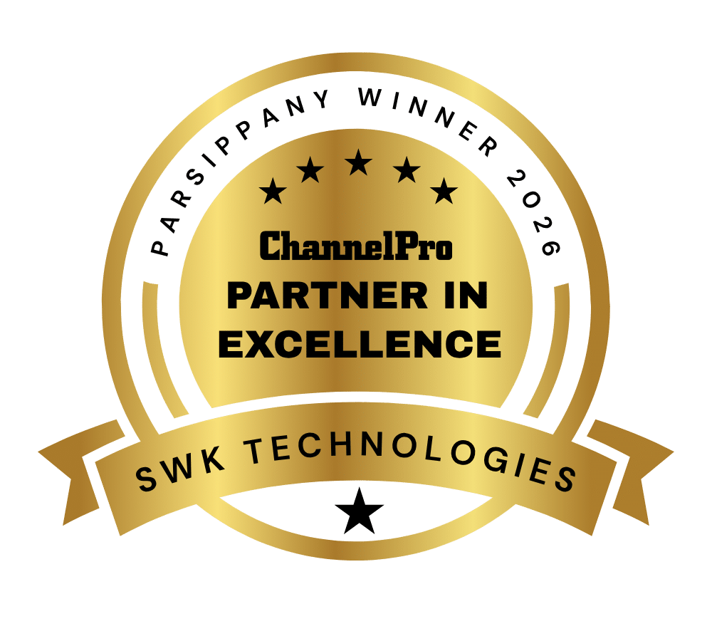 Gold circular badge reading "ChannelPro Partner in Excellence, SWK Technologies, Parsippany Winner 2026" with five stars and a ribbon banner.
