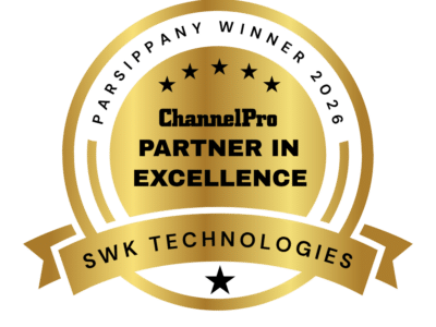 Gold circular badge reading "ChannelPro Partner in Excellence, SWK Technologies, Parsippany Winner 2026" with five stars and a ribbon banner.