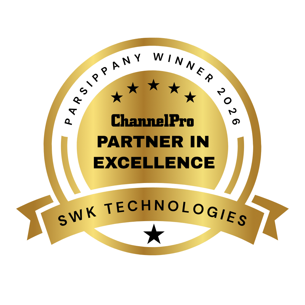 Gold circular badge reading "ChannelPro Partner in Excellence, SWK Technologies, Parsippany Winner 2026" with five stars and a ribbon banner.