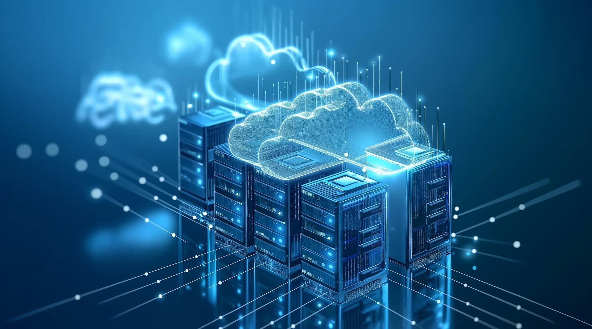 Cloud icons connected to server racks representing managed Azure services from an MSP