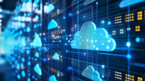 Cloud icons layered across data center server racks representing a managed Azure services partner