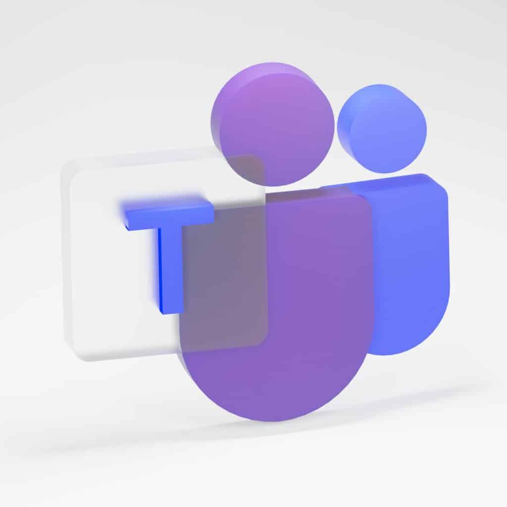 Microsoft Teams logo, 3D rendering on a white background: a translucent white speech bubble outline on the left containing a solid blue capital letter T, overlapping a larger purple figure with a rounded body and a separate purple spherical head, next to a smaller blue figure with a rounded body and a separate blue spherical head on the right.