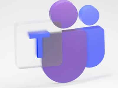 Microsoft Teams logo, 3D rendering on a white background: a translucent white speech bubble outline on the left containing a solid blue capital letter T, overlapping a larger purple figure with a rounded body and a separate purple spherical head, next to a smaller blue figure with a rounded body and a separate blue spherical head on the right.
