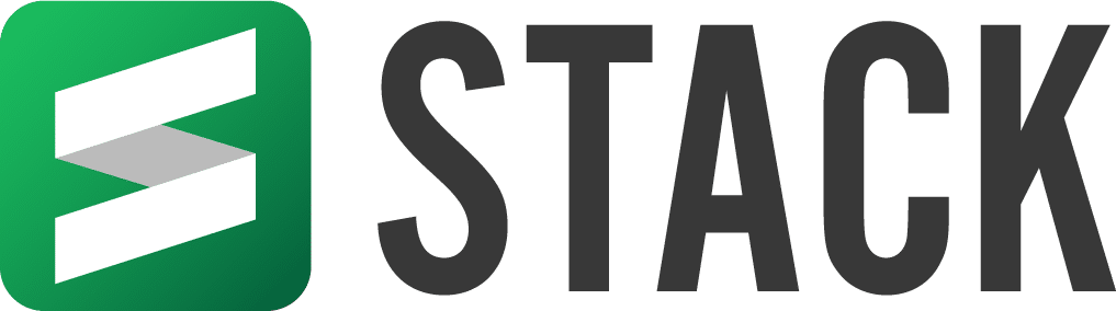 STACK logo, a green rounded-square icon with two white stacked bars beside the word STACK in dark gray uppercase letters.