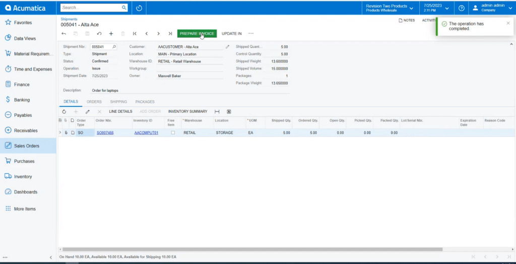Acumatica Shipments screen showing confirmed shipment 005041 for customer Alta Ace with the Prepare Invoice button highlighted, sales order SO007466 on the Details tab and a shipped quantity of five laptop units.