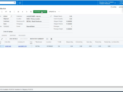 Acumatica Shipments screen showing confirmed shipment 005041 for customer Alta Ace with the Prepare Invoice button highlighted, sales order SO007466 on the Details tab and a shipped quantity of five laptop units.