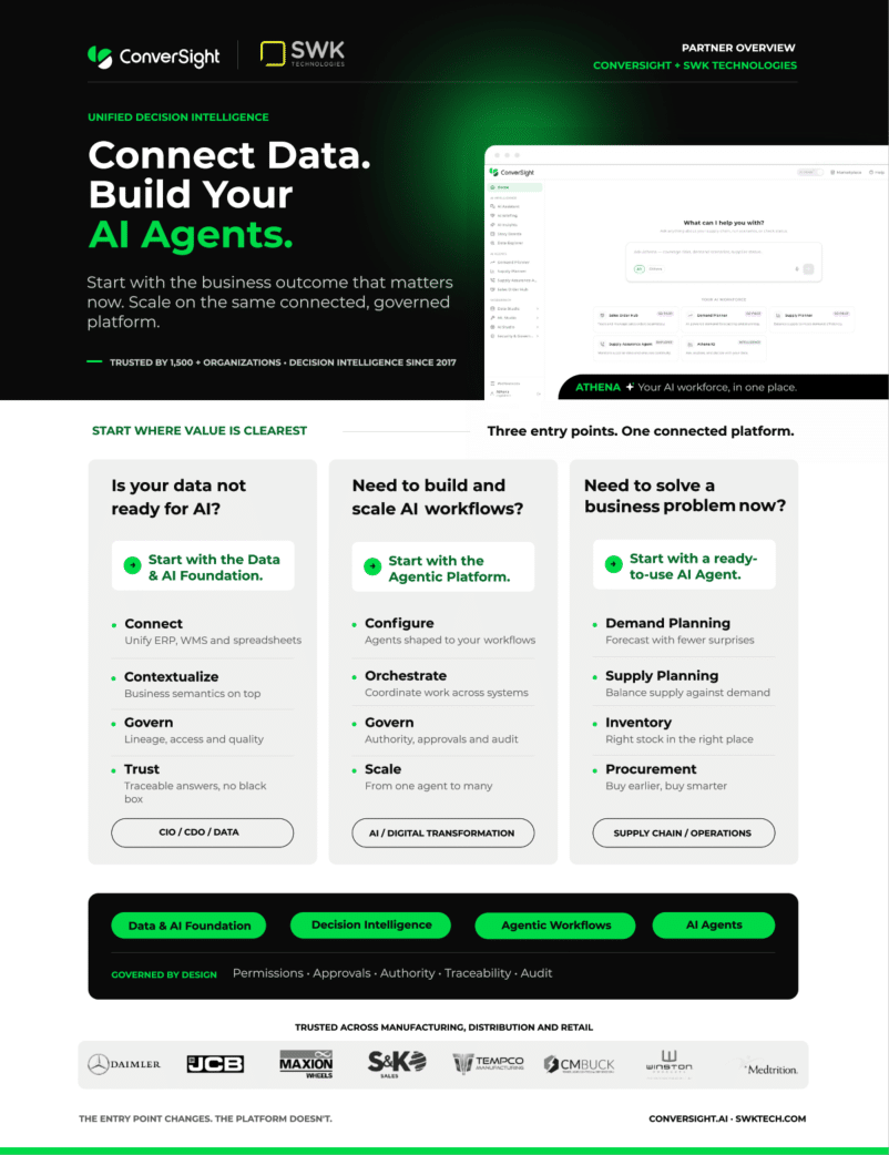 Cover page of the co-branded ConverSight and SWK Technologies partner overview, headlined Connect Data. Build Your AI Agents, with three entry-point cards for data foundation, agentic platform and ready-to-use AI agents above a row of eight company logos.