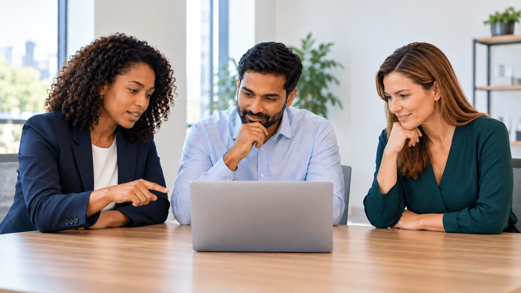 Finance team reviewing Sage 100 reporting together around one laptop.
