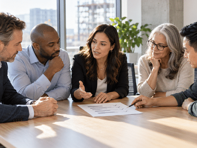 Five finance and operations leaders review a software comparison worksheet at a conference table.