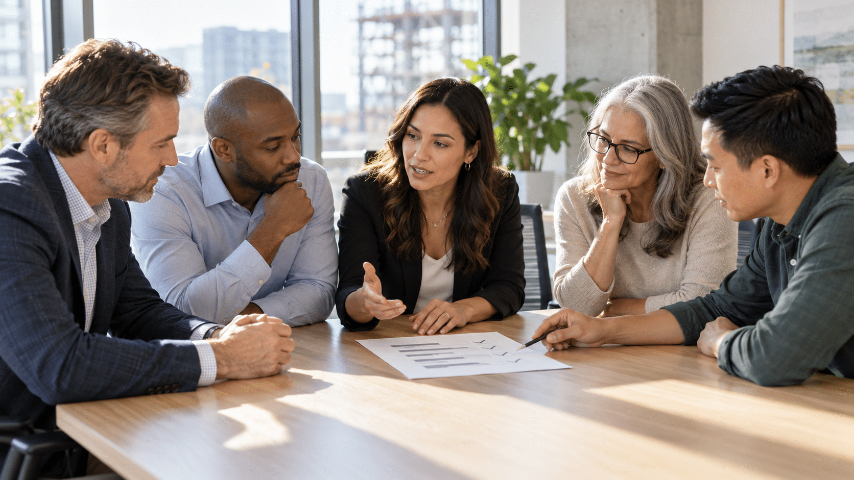 Five finance and operations leaders review a software comparison worksheet at a conference table.
