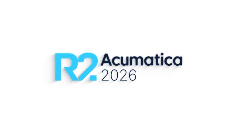 Acumatica 2026 R2 release logo featuring a large bold light blue "R2" with a soft shadow, next to the Acumatica brand name in dark navy type and "2026" in thin dark navy type below it, on a white background.