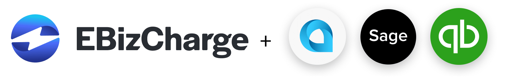EBizCharge logo, a circle shaded from cyan to dark blue and split by a white zigzag line beside the name in dark gray letters, followed by a plus sign and circular Acumatica, Sage and QuickBooks logos.